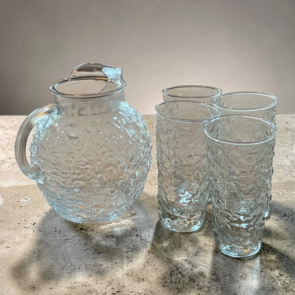 Vintage Anchor Hocking Lido Milano Textured Glass Ball Pitcher 4 Tumbler Set
